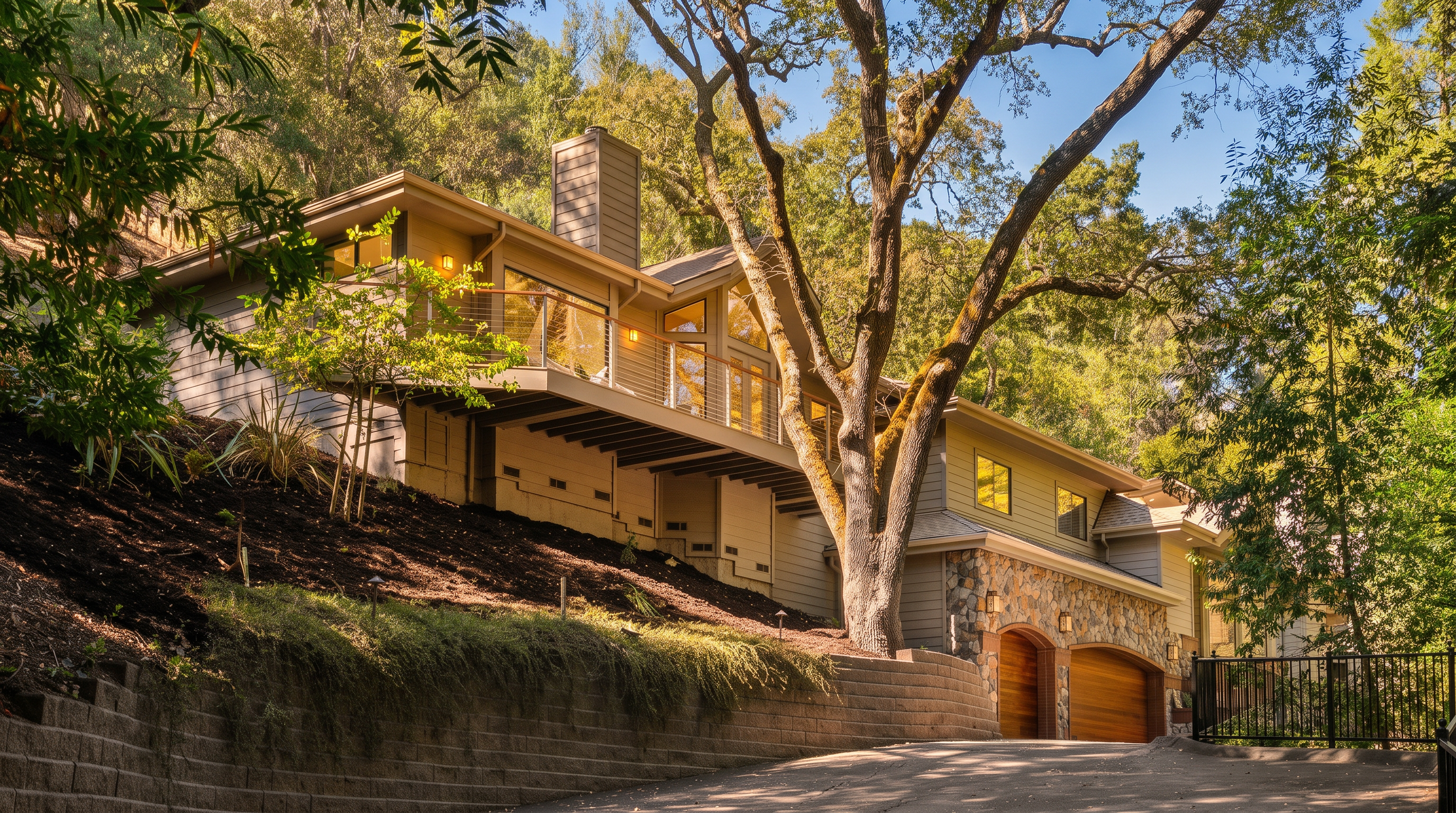 This multi-level home is nestled into a hillside, featuring a blend of horizontal wood siding and a stone-clad lower level with two arched garage bays. A prominent, expansive deck with a cable railing extends from the main living level, shaded by a large, mature tree that frames the structure. The property is accessed via a paved driveway that curves upward, leading to the garage entrance and highlighting the home's integration into the sloped, wooded landscape.