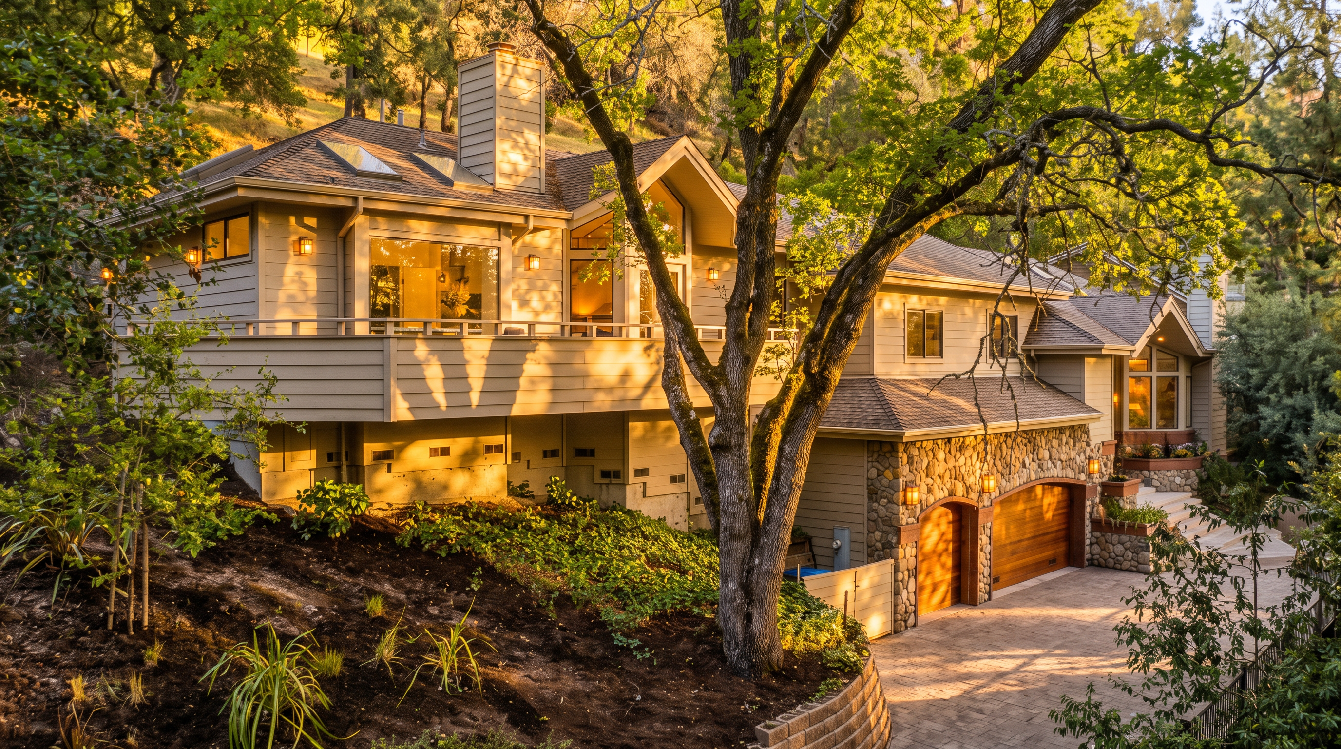 This is a beautiful multi-level contemporary home nestled into a wooded, sloped landscape. It features a blend of light-colored siding and rustic stone accents, a multi-car garage, and a spacious elevated balcony. The house is surrounded by mature trees and professionally landscaped terraced retaining walls, offering a serene and private setting.