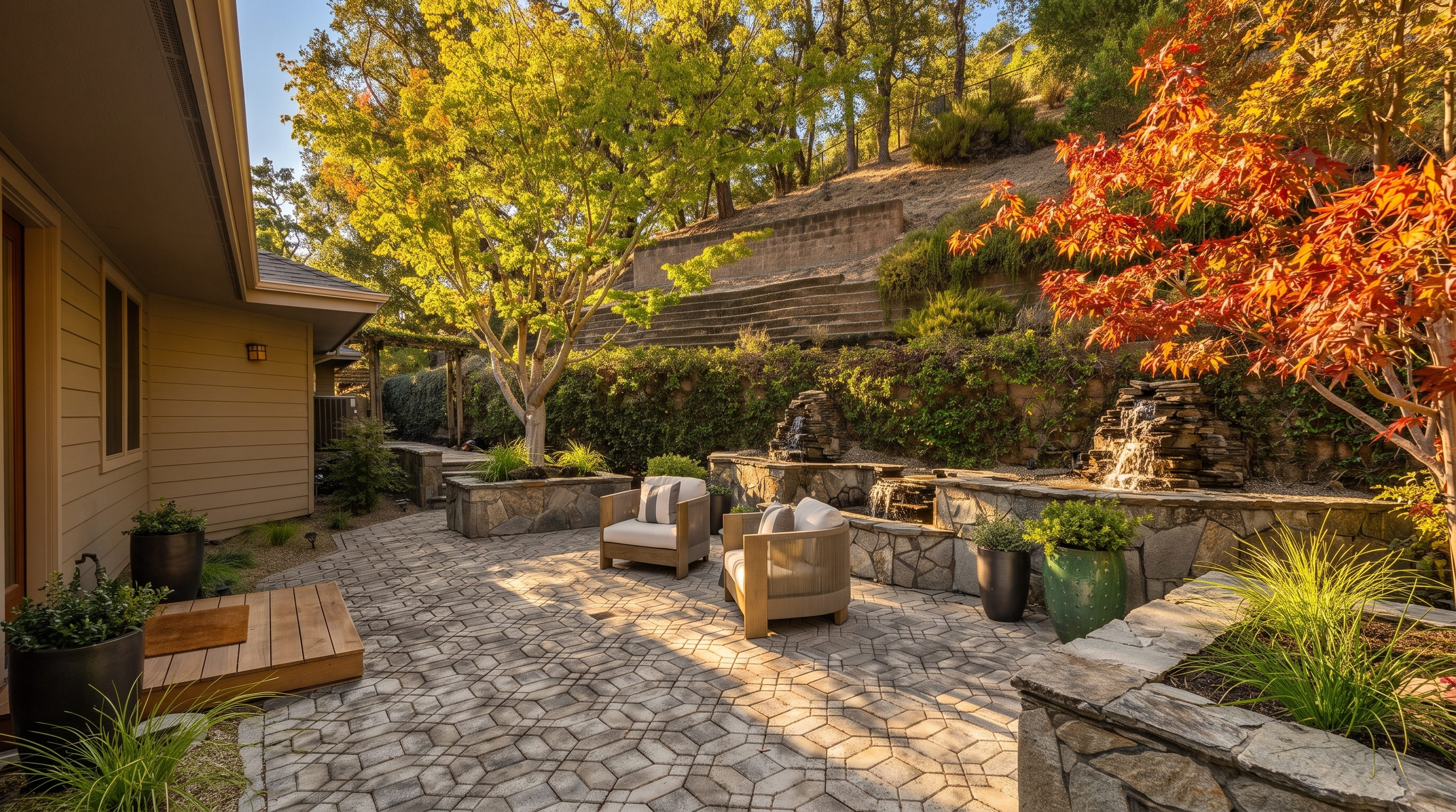 This serene outdoor patio features a unique geometric paver design and a tiered stone water feature that creates a tranquil atmosphere. Two comfortable armchairs are positioned centrally, surrounded by lush landscaping, mature trees, and stone retaining walls that lead up a hillside. The space offers a private, garden-like retreat perfect for relaxation, with a wooden deck section visible in the foreground.