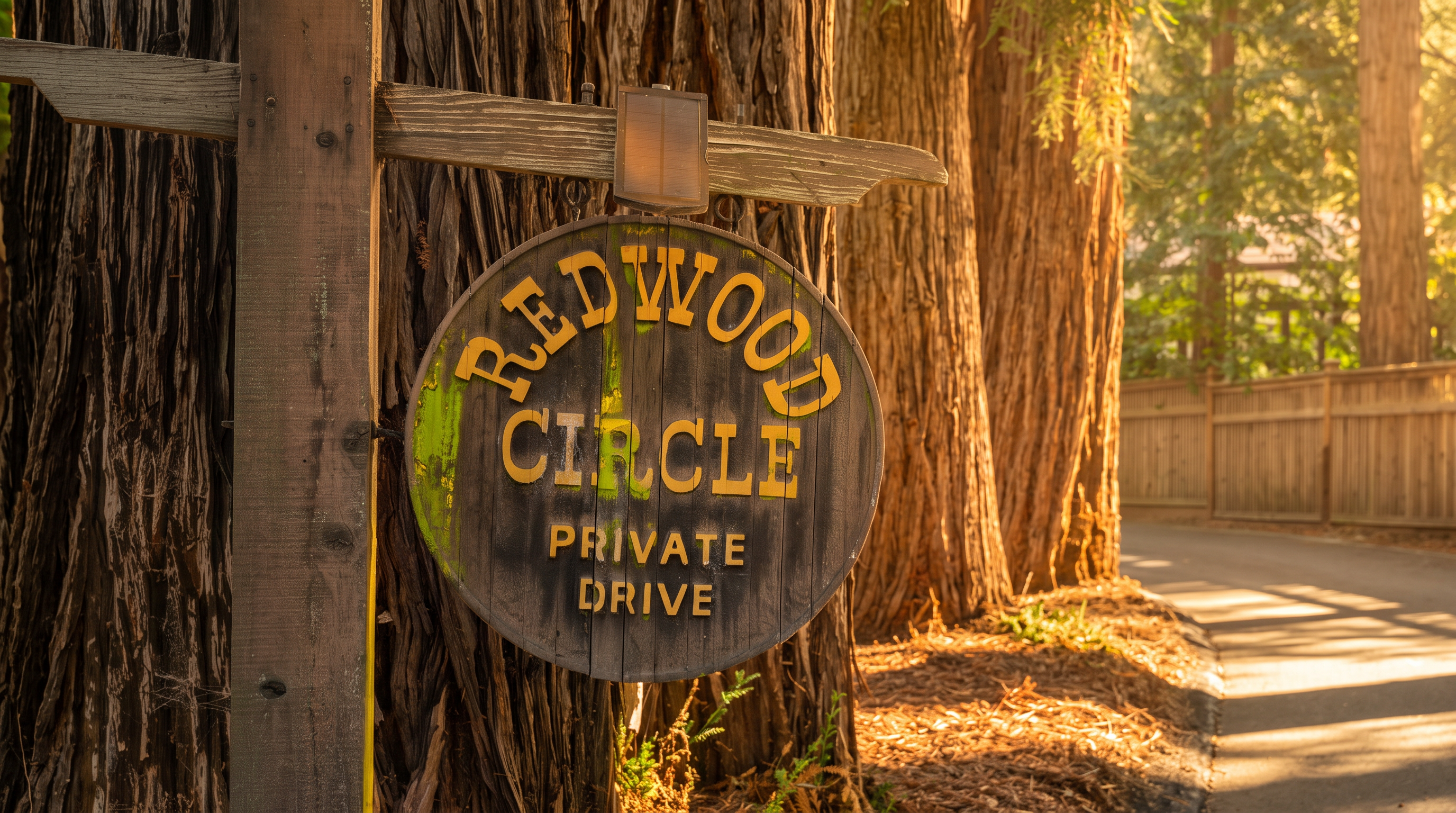 A rustic, circular wooden sign reading 'REDWOOD CIRCLE PRIVATE DRIVE' hangs from a weathered timber post nestled among towering redwood trees. The sign features a weathered, moss-touched finish and is topped with a small solar-powered light fixture. The perspective is a close-up, eye-level shot that emphasizes the natural, secluded atmosphere of the property entrance.