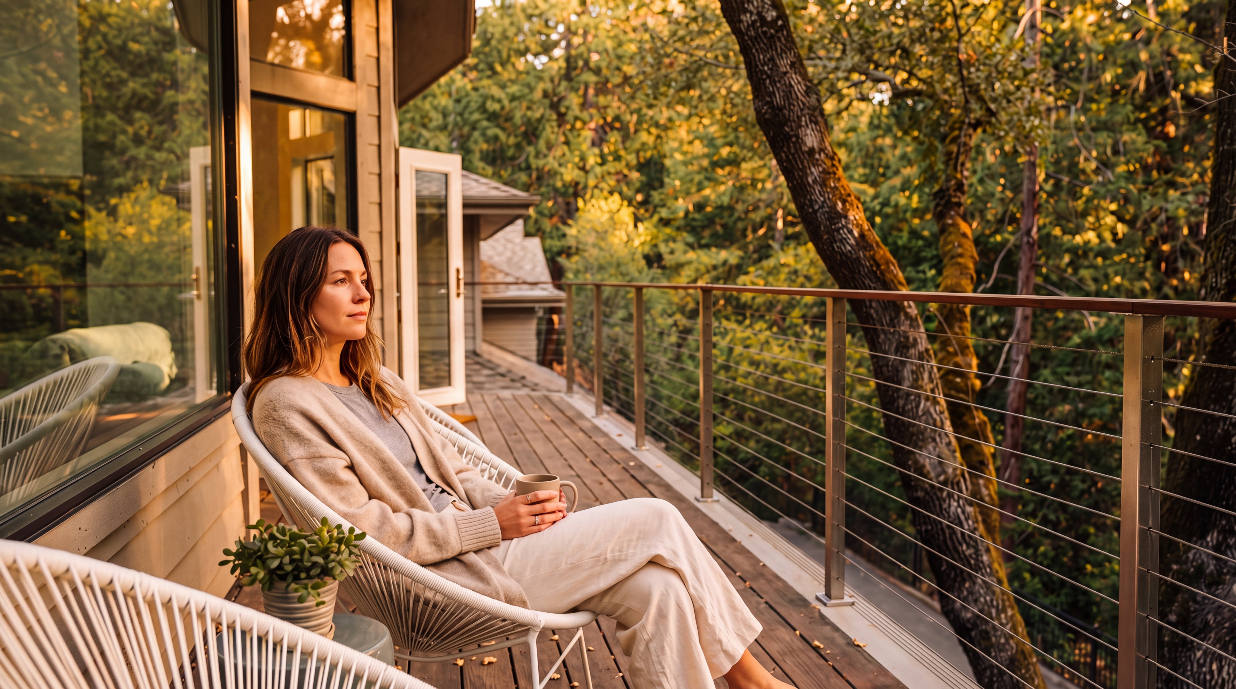 This elevated wooden deck offers a serene, tree-top perspective overlooking a lush, wooded landscape. The space is furnished with two modern, white wire-frame chairs and features a sleek cable railing system that maintains an unobstructed view of the surrounding forest. Large windows from the adjacent interior space reflect the greenery, creating a seamless connection between the home and its natural environment.