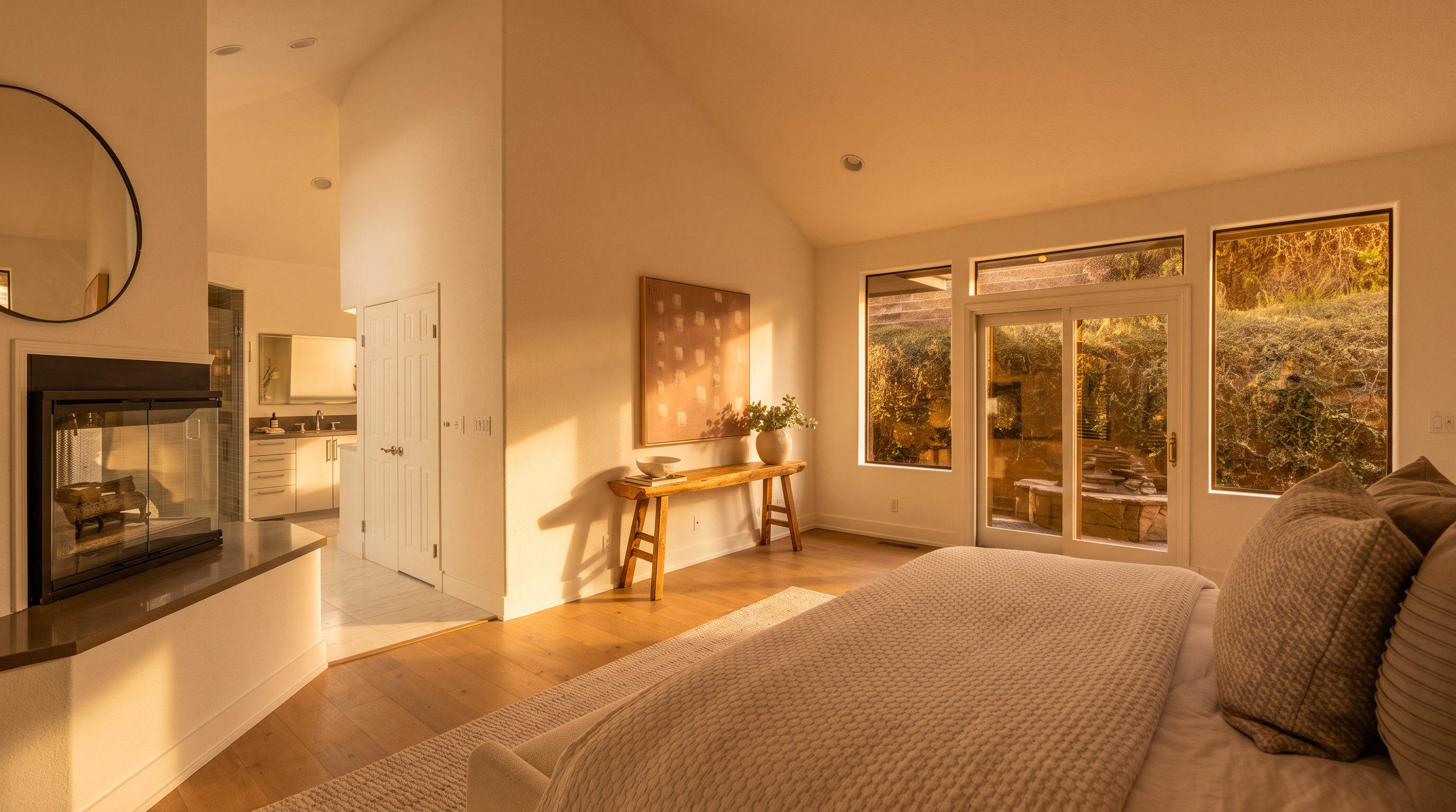 This spacious primary bedroom features light wood flooring, a neutral color palette, and a vaulted ceiling that enhances the airy atmosphere. A glass-front fireplace serves as a focal point, while a rustic wooden console table and abstract wall art add warmth to the space. Large windows and a sliding glass door provide ample natural light and a view of the lush, wooded outdoor area.