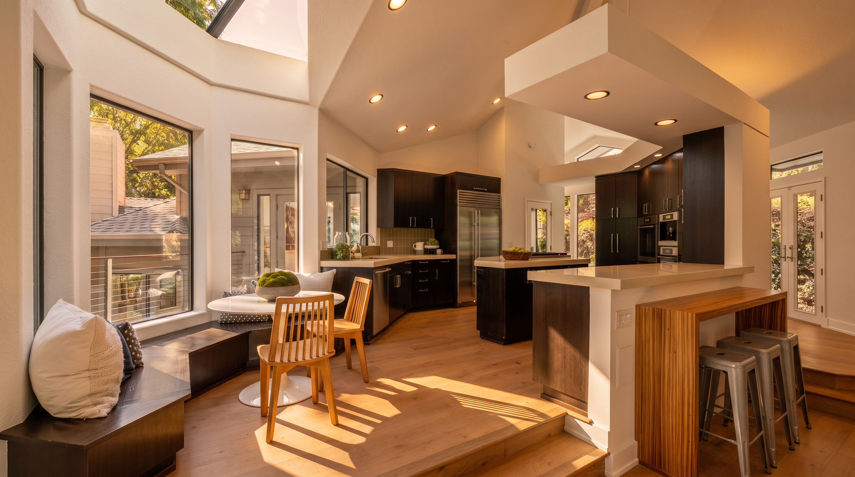 This bright and airy kitchen features a modern design with dark cabinetry, light stone countertops, and light wood flooring. The space includes a breakfast nook with built-in bench seating, a central island, and a tiered layout that leads to a breakfast bar with metal stools. Large windows and a skylight flood the room with natural light, creating an inviting and open atmosphere.
