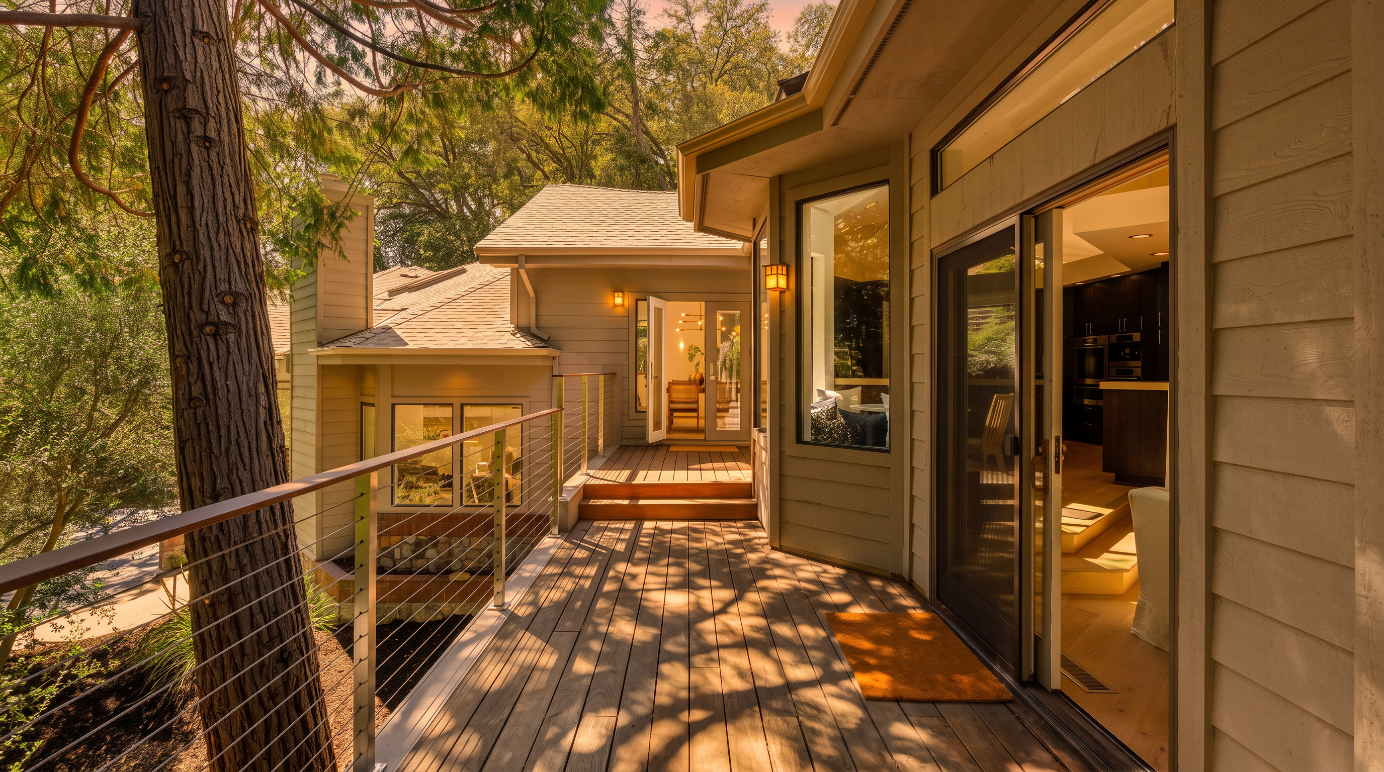 This elevated wooden deck offers a serene outdoor living space surrounded by mature trees and lush greenery. The deck features a modern cable railing system and provides seamless indoor-outdoor flow through large sliding glass doors that open into the home's interior. The perspective captures the expansive deck surface, the architectural lines of the house, and a glimpse into the kitchen area, creating an inviting and tranquil atmosphere.