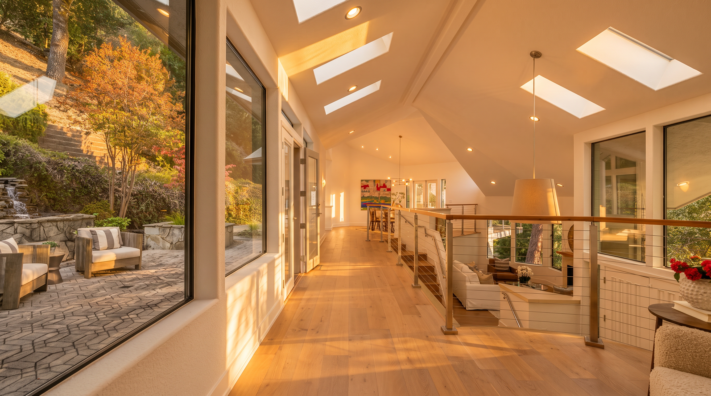 This bright, airy hallway features light wood flooring and a vaulted ceiling punctuated by multiple skylights that flood the space with natural light. A sleek metal railing with horizontal cables separates the walkway from a sunken living area below, while large windows on the left provide a seamless view of an outdoor patio and terraced garden. The perspective looks down the length of the corridor, highlighting the open, modern architectural design and the connection between indoor and outdoor living spaces.