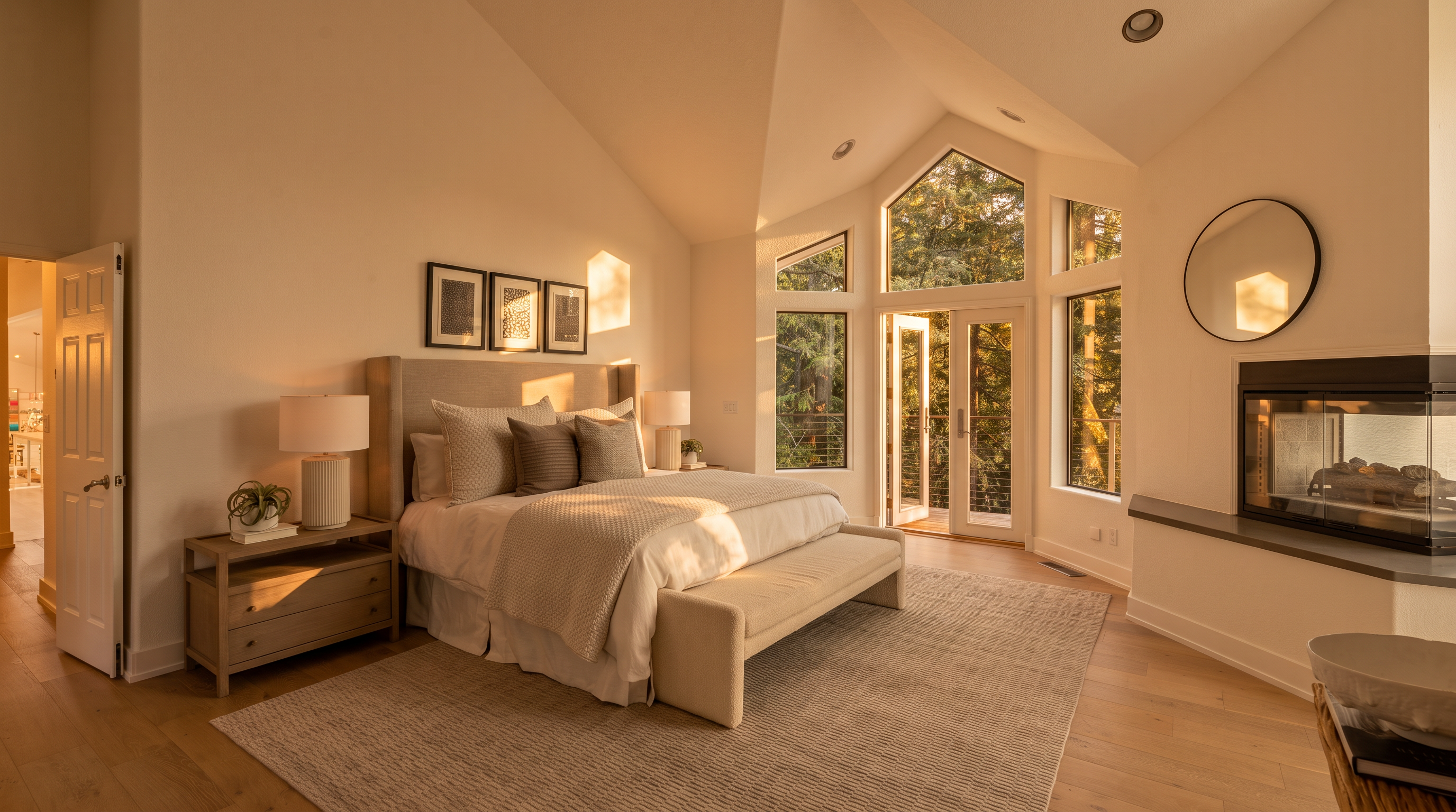 This bright and airy primary bedroom features a vaulted ceiling and a neutral color palette that emphasizes a sense of calm. A large bed with a tufted headboard sits centered in the room, flanked by matching nightstands and lamps, while a bench at the foot of the bed adds a touch of elegance. Large windows and glass doors provide an expansive view of the surrounding trees, and a modern fireplace with a dark surround serves as a focal point on the right wall.