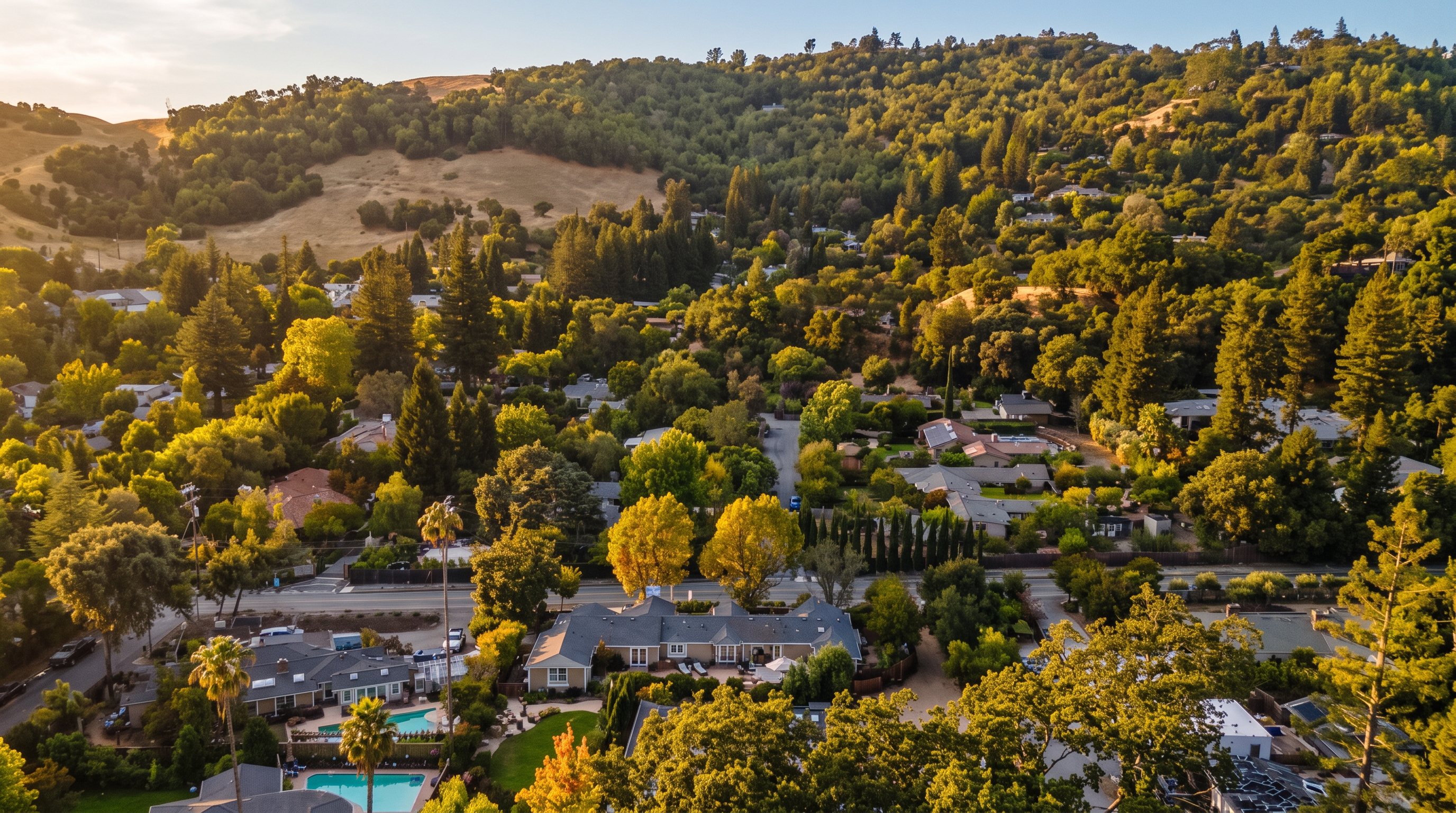 An expansive aerial perspective showcases a quiet suburban neighborhood nestled against a lush, forested hillside. The view highlights mature trees, winding streets, and several homes featuring private pools and generous yards. This setting emphasizes a serene, established community character ideal for residents seeking a balance between nature and residential convenience.