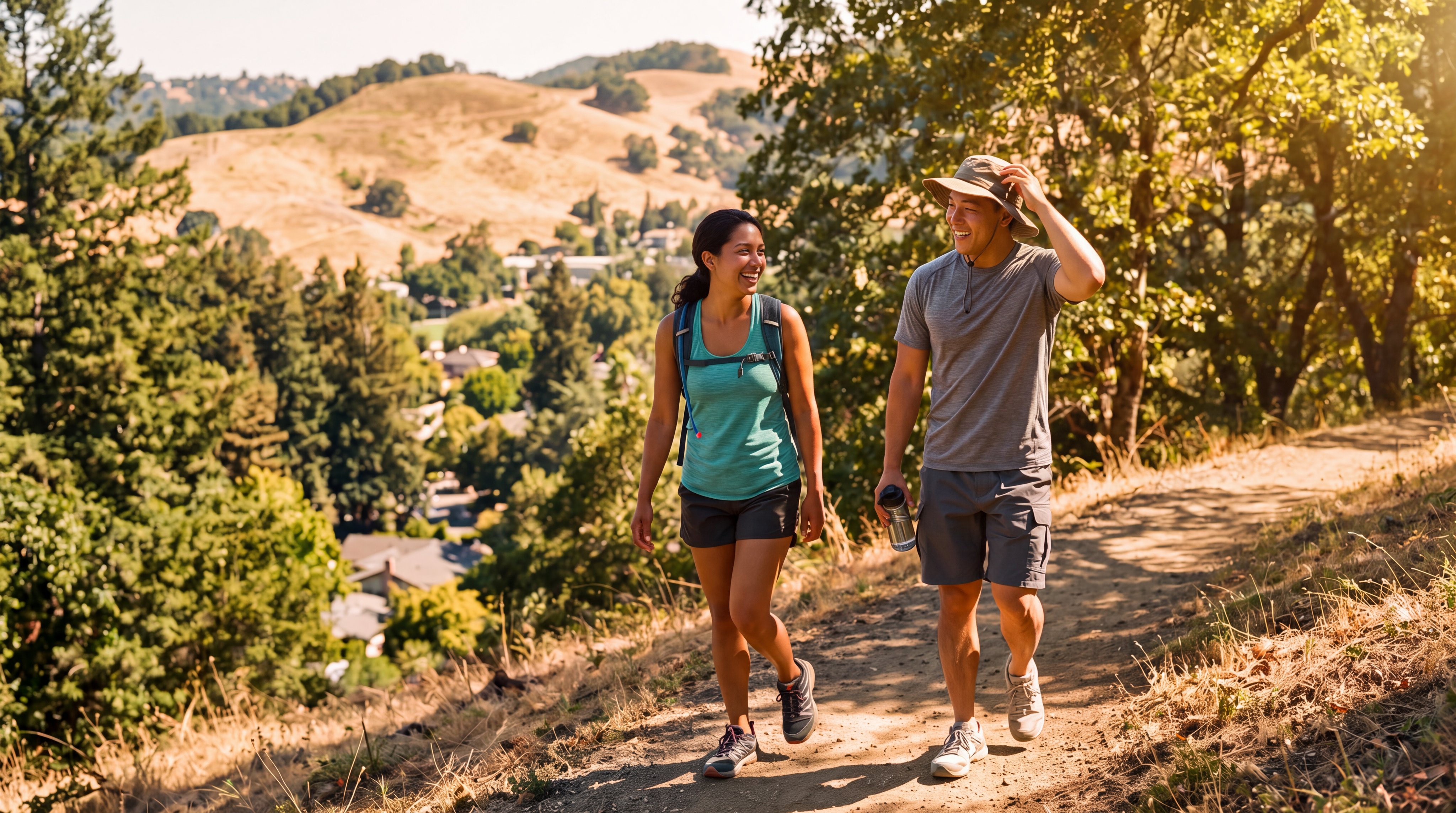 This image features a couple hiking on a sunlit, unpaved trail located in a scenic outdoor area. The path overlooks a suburban neighborhood nestled amongst lush greenery and rolling hills, highlighting the access to nature and outdoor recreational opportunities in the local community.