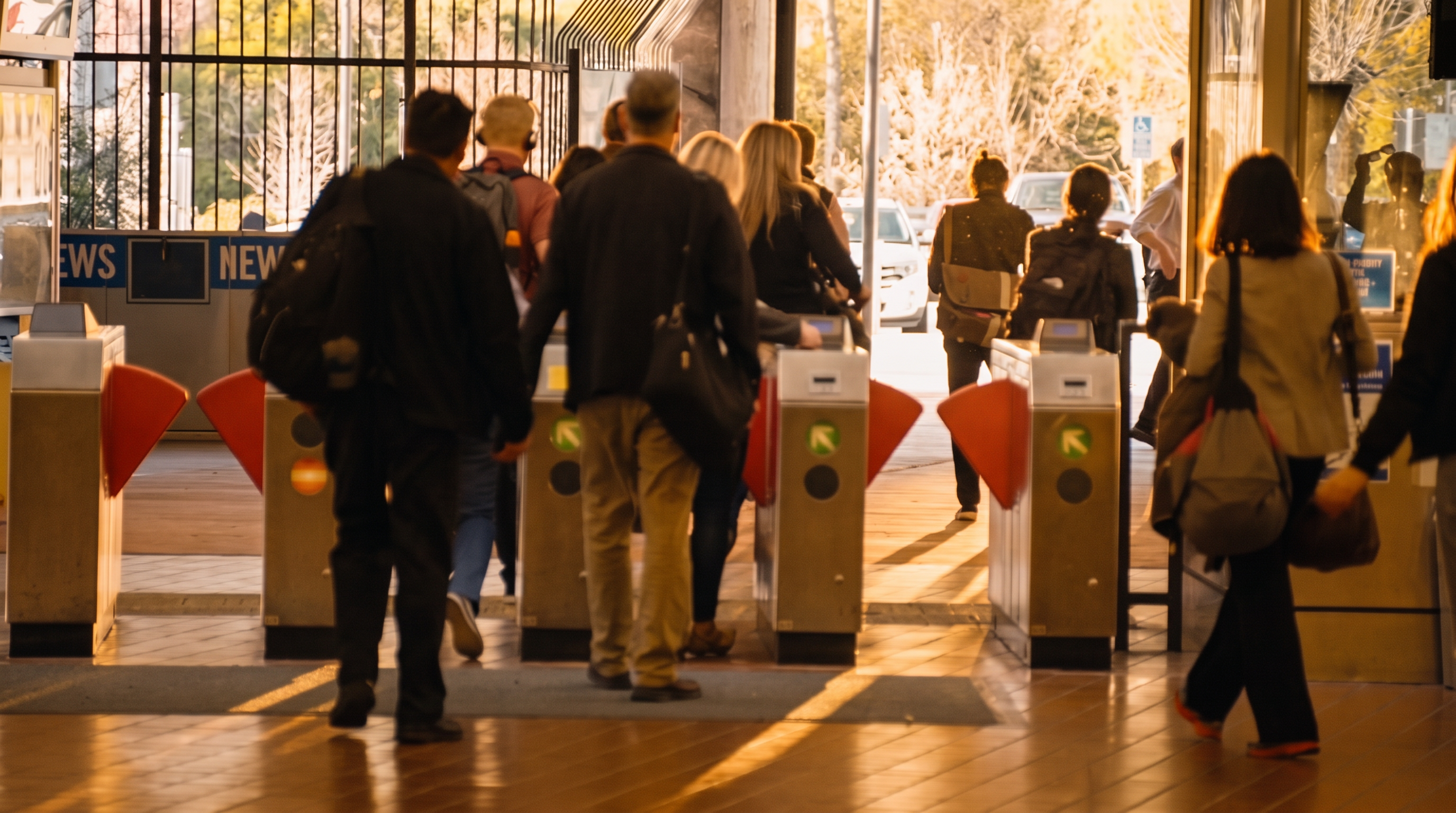 This image depicts a busy public transit station entryway, characterized by turnstiles that passengers are moving through. The setting features utilitarian metal gates and transit infrastructure, common in urban residential or commercial hubs. It conveys a high-traffic, accessible transportation environment rather than a private residential space.