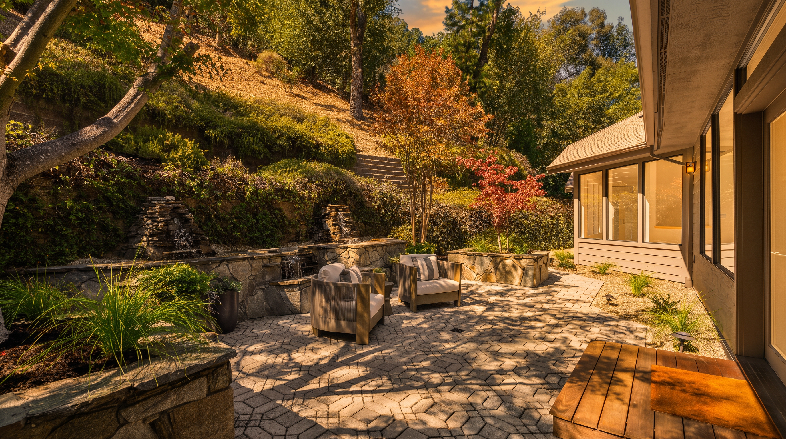 This serene outdoor patio features intricate geometric stone pavers and a tiered stone retaining wall with integrated water features. Two comfortable armchairs are positioned to enjoy the tranquil garden setting, which includes lush greenery, mature trees, and a set of stone stairs leading up the hillside. A small wooden platform sits near the house, which features large windows that provide a seamless connection between the indoor and outdoor living spaces.