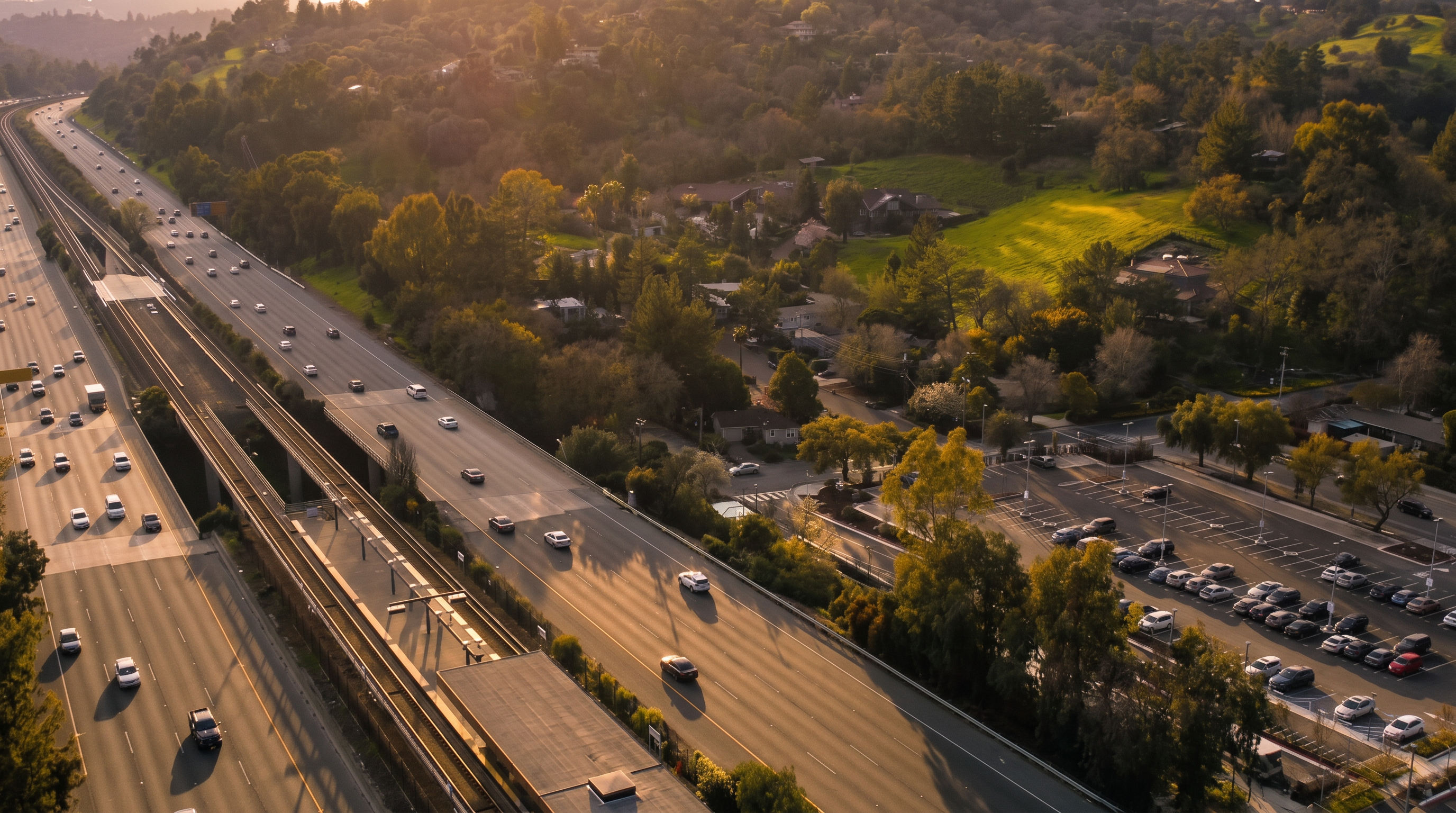 This aerial view showcases a suburban landscape featuring a prominent elevated highway running parallel to a transit station and a large commuter parking lot. The surrounding area consists of lush, tree-lined residential neighborhoods with grassy slopes and hills in the background. The perspective provides a comprehensive look at the infrastructure and connectivity of the Happy Valley area.