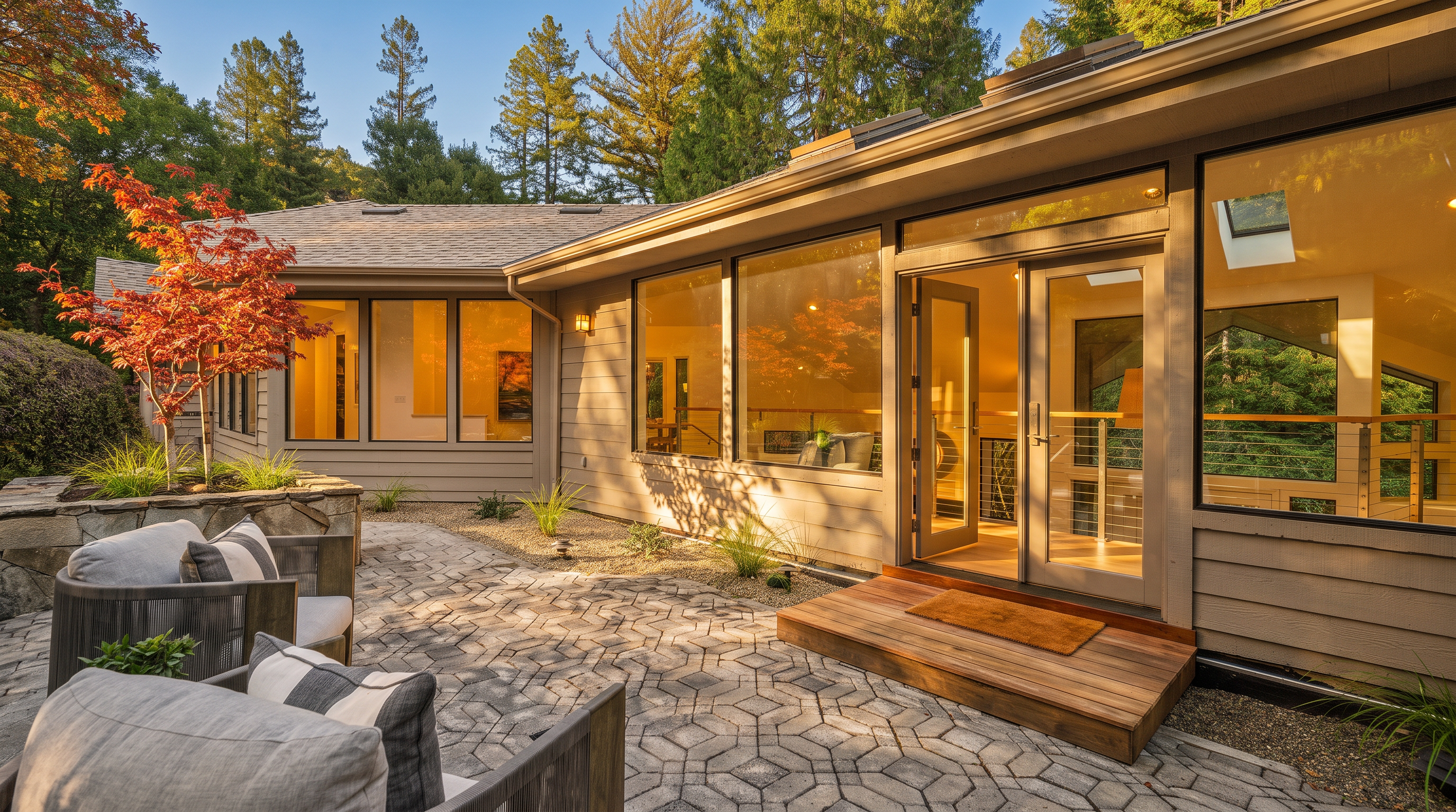 This serene outdoor living space features a patterned stone paver patio furnished with comfortable lounge chairs. A wooden deck step leads to a glass-paned door, providing a seamless transition into the home, which is framed by large windows that reflect the surrounding lush forest. The setting is peaceful and private, highlighted by a vibrant red Japanese maple tree and natural landscaping.