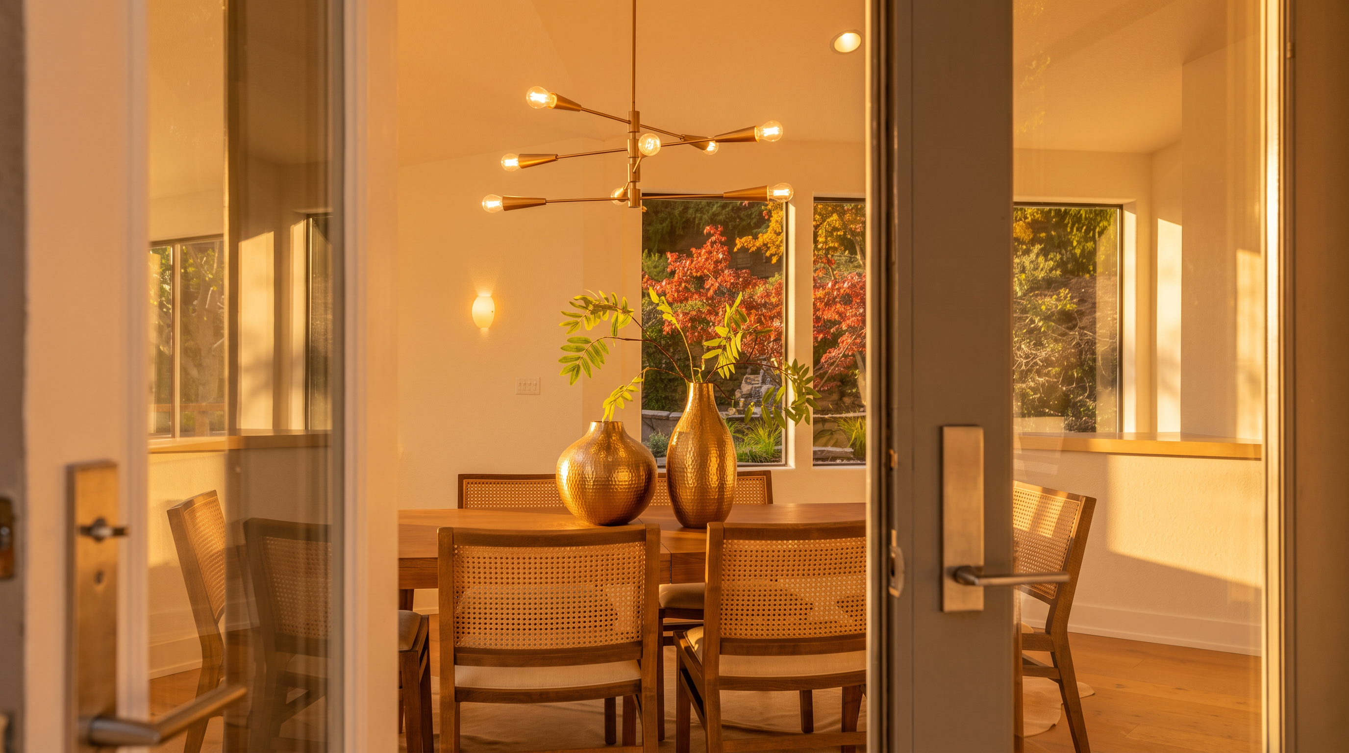 This view is framed through a doorway, looking into a bright dining room featuring a wooden table surrounded by chairs with woven cane backs. A modern, multi-armed brass chandelier hangs above two metallic vases filled with greenery, creating a sophisticated focal point. Large windows in the background provide a clear view of a lush, colorful garden, enhancing the airy and inviting atmosphere of the space.
