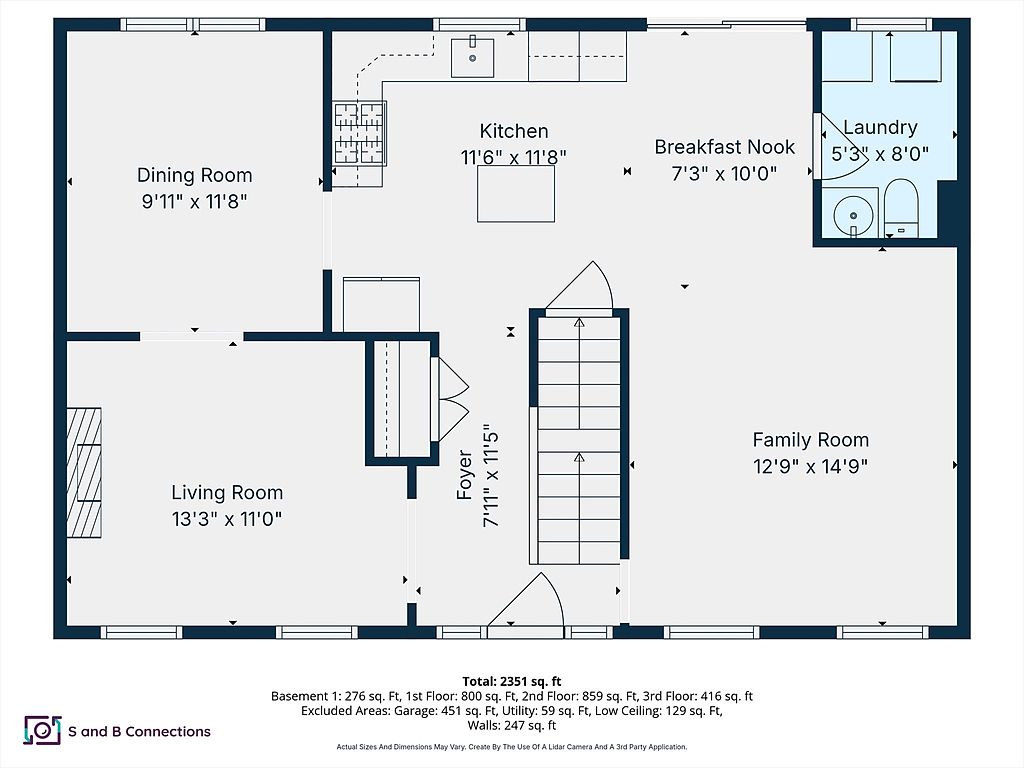 This is a floor plan of a house, showcasing the layout of the first floor. It includes a living room, dining room, kitchen, breakfast nook, laundry room, family room, and foyer. The dimensions of each room are clearly labeled, providing a comprehensive overview of the home's spatial arrangement.
