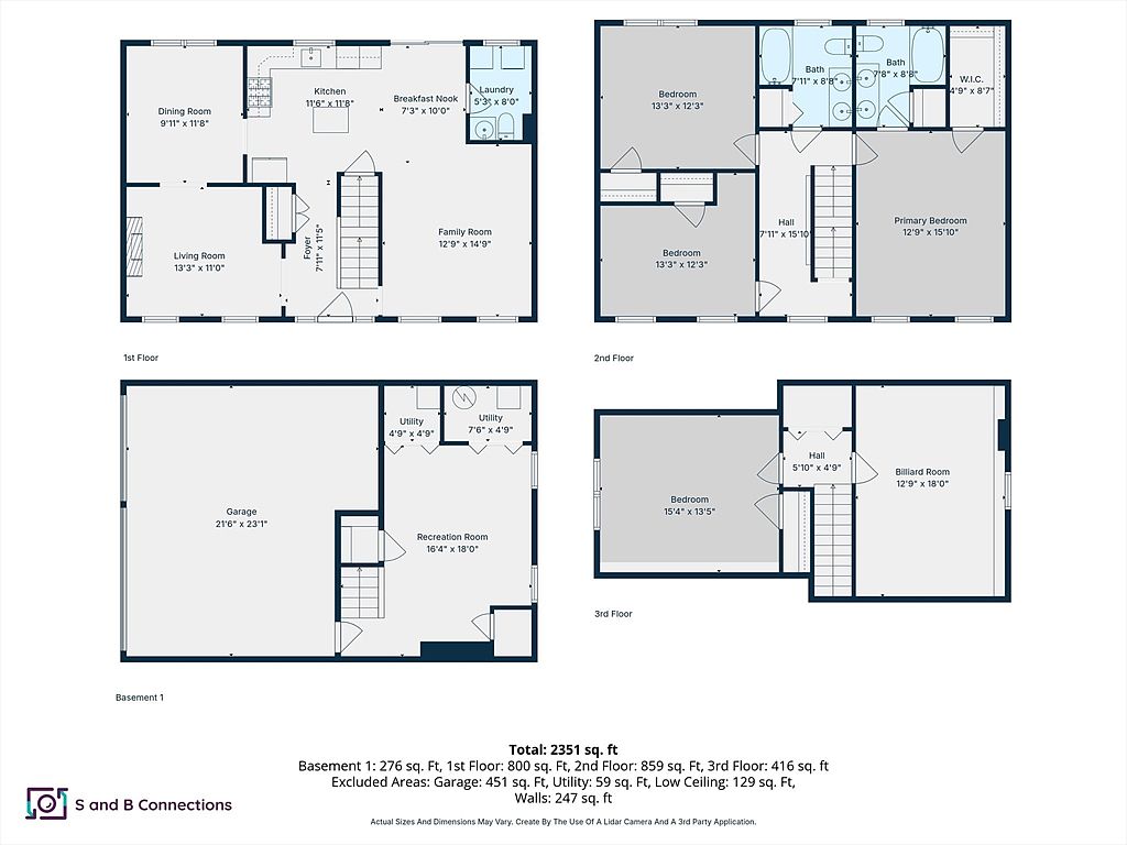 This image presents a detailed floor plan of a multi-level house, including the basement, first, second, and third floors. Each level's layout is clearly depicted with room dimensions, showcasing the arrangement of spaces like the living room, kitchen, bedrooms, and garage. The floor plan provides a comprehensive overview of the property's structure and spatial relationships.