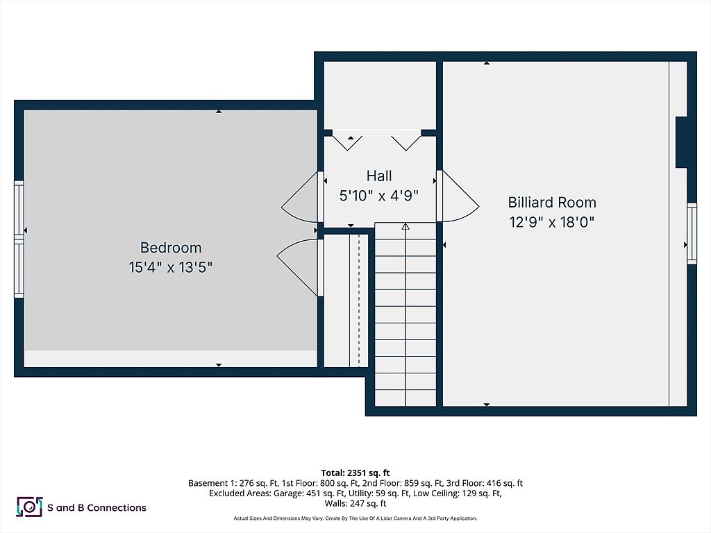 This image presents a detailed floor plan showcasing a bedroom, a hallway with stairs, and a billiard room. The dimensions of each room are clearly labeled, providing a comprehensive overview of the layout. The floor plan also includes the total square footage and breakdown by floor, along with excluded areas like the garage and utility space.