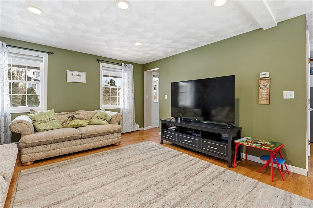 This is a cozy living room featuring a patterned sofa with decorative pillows, a large flat-screen TV on a black entertainment center, and a neutral-toned area rug. The walls are painted a muted green, and natural light streams in through the windows, creating a warm and inviting atmosphere. The room is well-lit with recessed lighting and features hardwood floors.