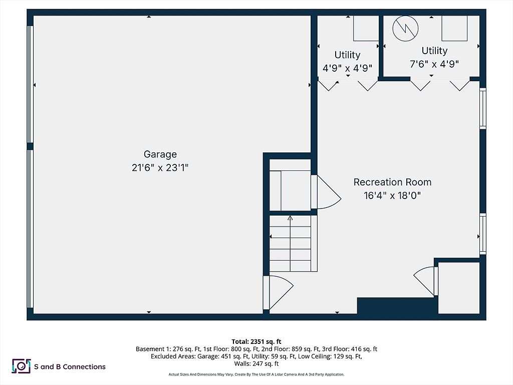 This image shows a floor plan of a basement, including a garage, recreation room, and two utility rooms. The garage measures 21'6" x 23'1", the recreation room is 16'4" x 18'0", and the utility rooms are 4'9" x 4'9" and 7'6" x 4'9" respectively. The total area of the basement is 276 sq. ft, with the total area of the house being 2351 sq. ft.