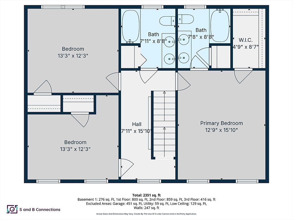 This is a floor plan of a house, showcasing the layout of the second floor. It includes two bedrooms, a primary bedroom with a walk-in closet, two bathrooms, and a hallway with stairs. The dimensions of each room are clearly labeled, providing a comprehensive overview of the space.