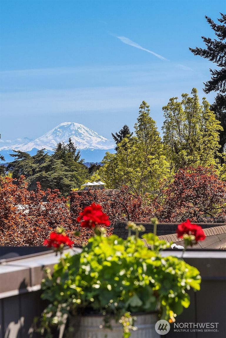 This image captures a stunning, elevated view from a balcony or deck, featuring a vibrant foreground of red geraniums in a planter. Beyond the flowers, the scene opens up to a picturesque landscape of lush green and autumn-toned trees, with the majestic, snow-capped Mount Rainier dominating the horizon under a clear blue sky. The perspective provides a serene and scenic outlook, highlighting the property's exceptional natural surroundings.