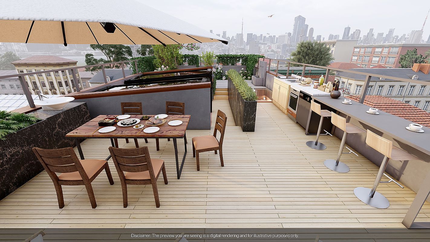 This image showcases a luxurious rooftop patio/deck/balcony with a dining area, a hot tub, and an outdoor kitchen. The space features modern furniture, including a wooden dining table with chairs and bar stools at the kitchen counter. The backdrop is a stunning cityscape, creating an upscale and inviting atmosphere.