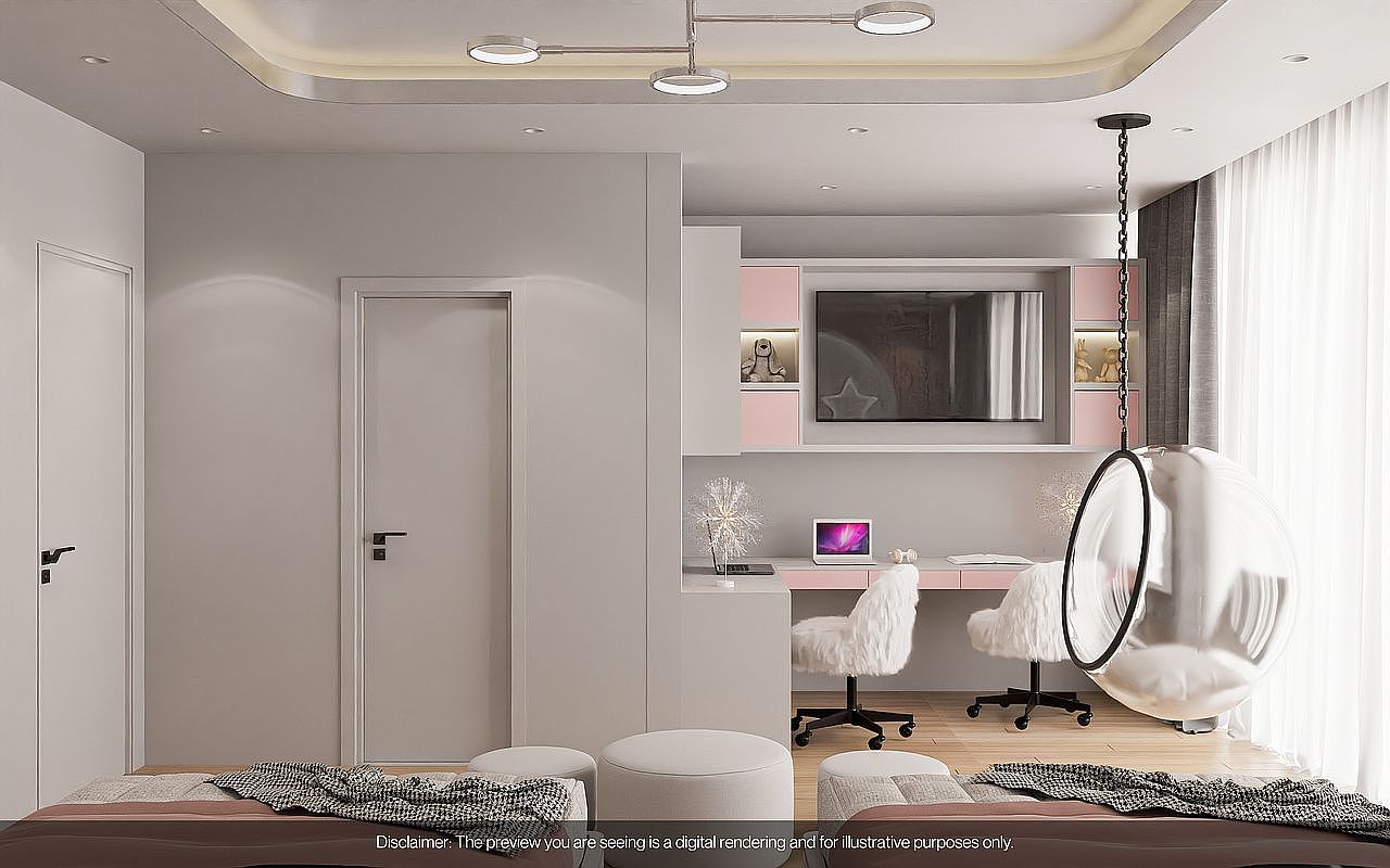 This is a stylish and modern bedroom designed with a playful yet sophisticated aesthetic. The room features a built-in entertainment unit with pink accents, a sleek desk area with fluffy chairs, and a unique hanging bubble chair. The color palette is soft and inviting, creating a comfortable and chic space.