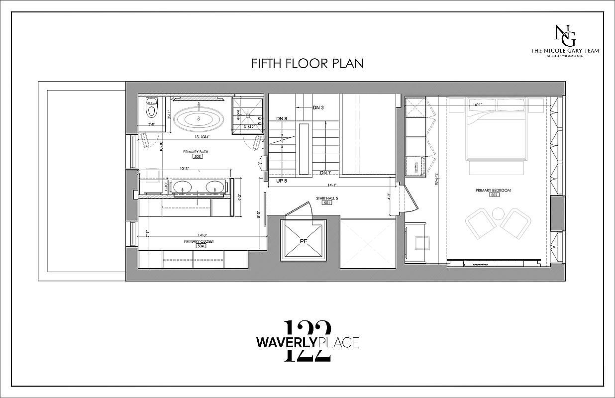 This image presents a fifth-floor plan of a residential property, showcasing the layout of the primary bedroom, primary bathroom, primary closet, and stair hall. The floor plan includes dimensions and labels for each area, providing a detailed overview of the space's organization and size, which is useful for potential buyers to understand the property's layout.