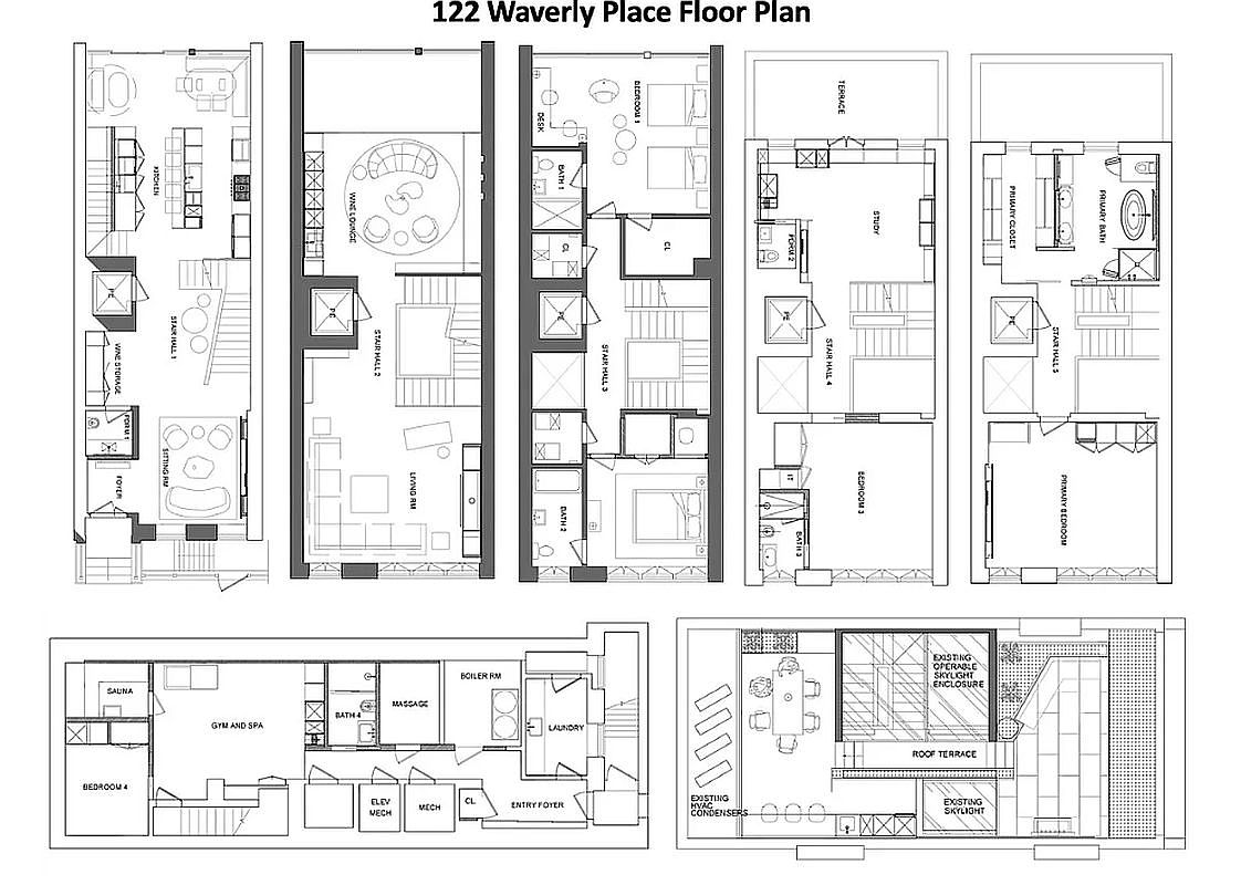 This image presents a detailed floor plan of a residence at 122 Waverly Place, showcasing multiple levels and rooms. The layout includes living spaces, bedrooms, bathrooms, a kitchen, a wine cellar, a gym, and a roof terrace, providing a comprehensive view of the property's design and spatial arrangement. The floor plan offers a clear understanding of the flow and functionality of the home.