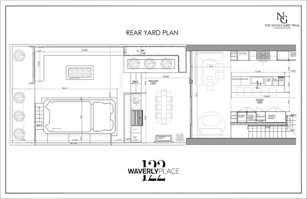 This image showcases a detailed rear yard plan, featuring a pool, patio area with a fire pit, and an outdoor dining space. The plan also includes a view of the kitchen layout, providing a comprehensive overview of the indoor-outdoor living space. The design emphasizes functionality and entertainment.