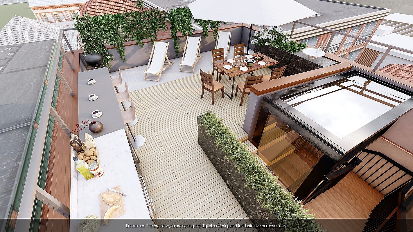 This image showcases a stylish rooftop patio, complete with lounge chairs, a dining area under a white umbrella, and a bar area. Lush greenery adds a touch of nature, while a modern hot tub provides a luxurious amenity. The space is designed for relaxation and entertainment, offering a sophisticated outdoor living experience.