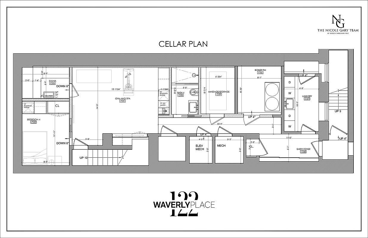 This image showcases a cellar plan, detailing the layout of a basement. The plan includes various rooms such as a gym and spa, sauna, bedroom, bathroom, massage/storage area, boiler room, laundry room, and entry foyer, along with mechanical and elevator spaces, and staircases. The layout suggests a well-designed and functional lower level of a residence.