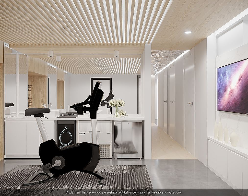 This image showcases a modern home gym featuring a stationary bike on a striped rug, set against a backdrop of sleek white cabinetry and stainless steel appliances. The room is well-lit with a unique wooden slat ceiling, and a large television is mounted on the wall, creating a stylish and functional workout space. The design emphasizes clean lines and a minimalist aesthetic.
