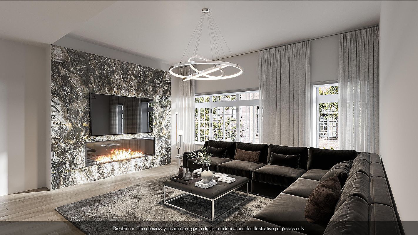 This is a modern living room featuring a large, dark sectional sofa, a marble accent wall with a built-in fireplace and television, and a contemporary chandelier. Large windows with sheer curtains provide natural light, and a gray rug anchors the seating area. The overall impression is luxurious and stylish.