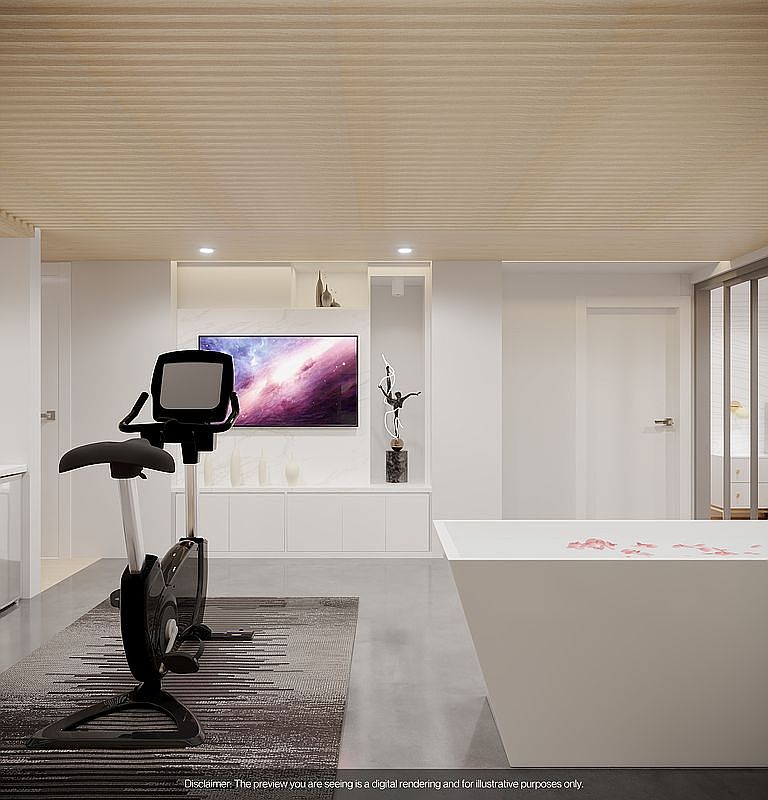 This interior shot showcases a modern home gym featuring a stationary bike on a patterned rug, facing a wall-mounted television. A sleek white bathtub filled with flower petals adds a touch of luxury, while built-in shelving and cabinets provide ample storage. The room is well-lit and exudes a clean, contemporary aesthetic.