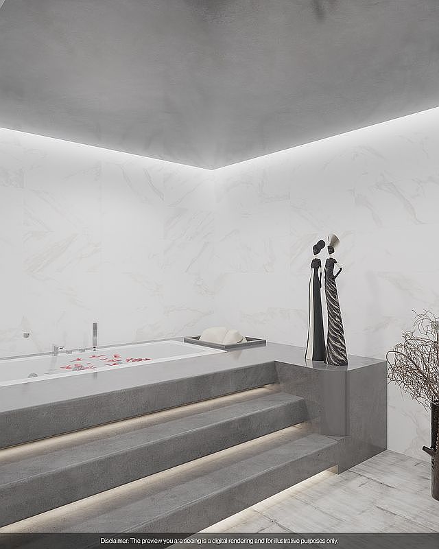 This is a modern primary bathroom featuring a luxurious bathtub with rose petals floating on the water. The bathroom has a contemporary design with marble-like wall tiles, a concrete ceiling, and a raised platform with integrated lighting leading to the tub. Decorative sculptures and a minimalist aesthetic contribute to a spa-like atmosphere.