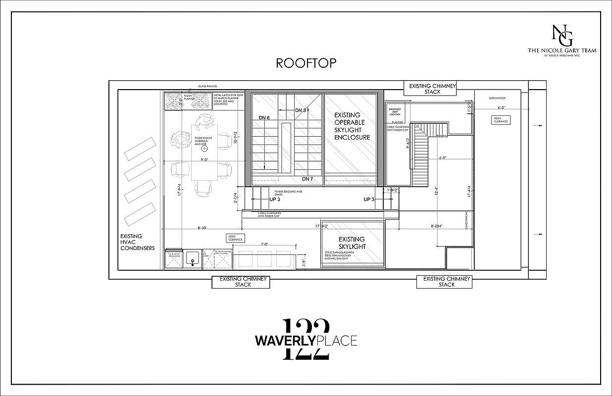 This image showcases a rooftop patio/deck plan. The design includes an operable skylight enclosure, a dining area with seating, an outdoor kitchen setup, and existing HVAC condensers. The layout suggests a modern and functional outdoor living space, ideal for entertaining or relaxing.