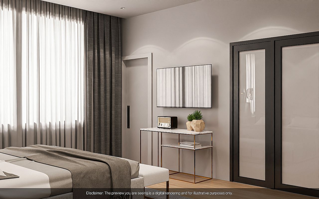 This is a serene primary bedroom featuring a neutral color palette with gray and white tones. The room is well-lit by natural light filtering through sheer and blackout curtains. A console table with decorative items and a wall-mounted TV add to the room's functionality and style, while a comfortable bed with a gray throw invites relaxation.