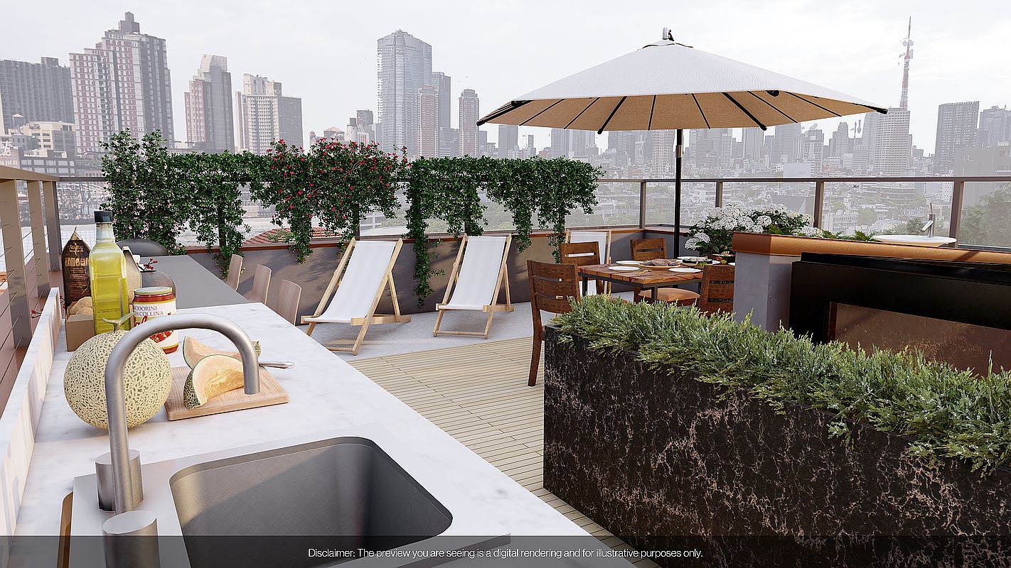 This image showcases a luxurious rooftop patio with a stunning city skyline backdrop. The space is well-appointed with modern outdoor furniture, including lounge chairs and a dining set under a large umbrella. Lush greenery adds a touch of nature, creating an inviting and sophisticated outdoor living area perfect for entertaining or relaxation.