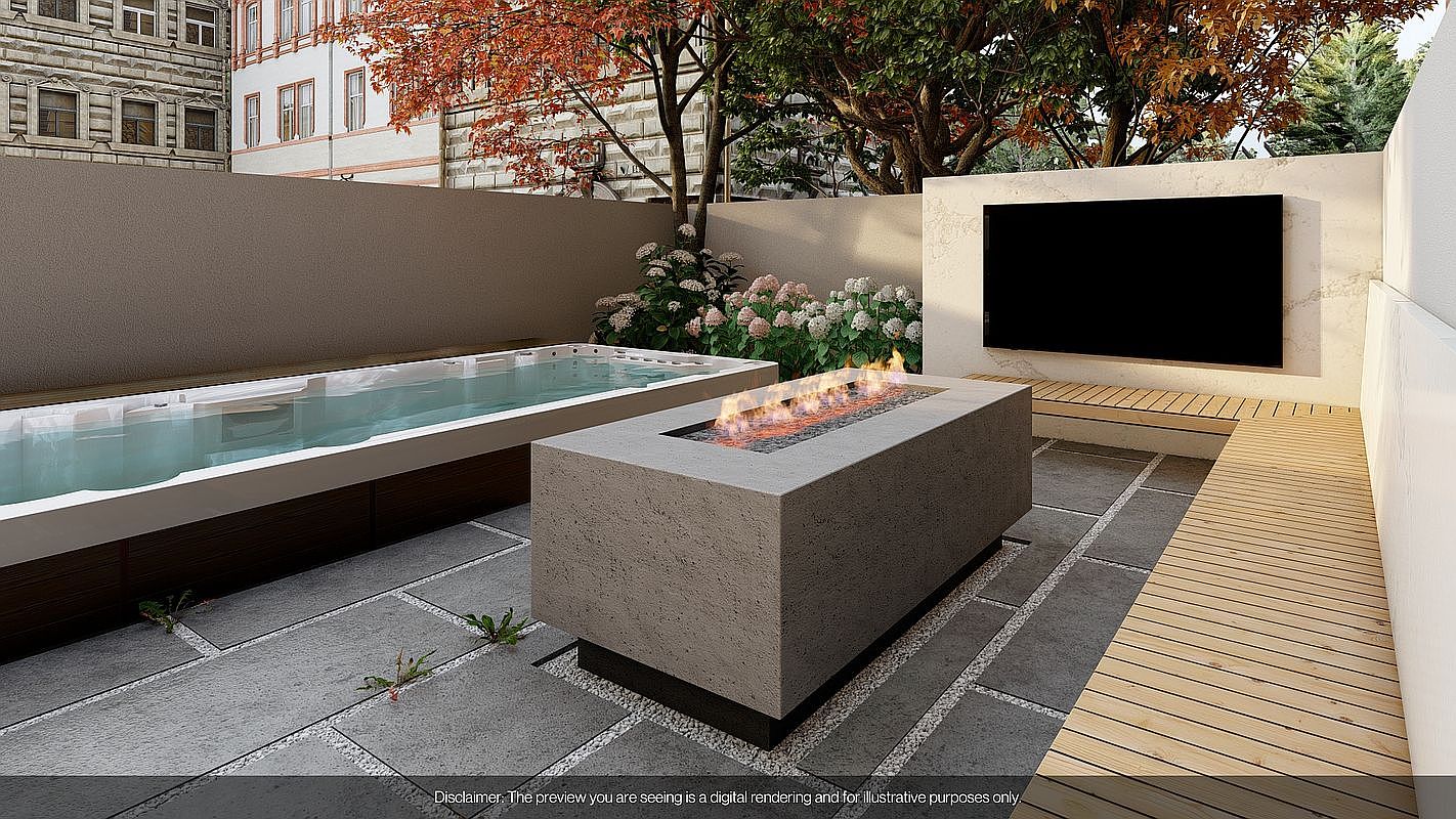 This image showcases a luxurious outdoor patio area, complete with a modern hot tub and a sleek fire pit. A large flat-screen television is mounted on a nearby wall, and built-in wooden benches offer ample seating. The patio is paved with stone tiles, and the space is surrounded by lush greenery, creating a private and relaxing atmosphere.