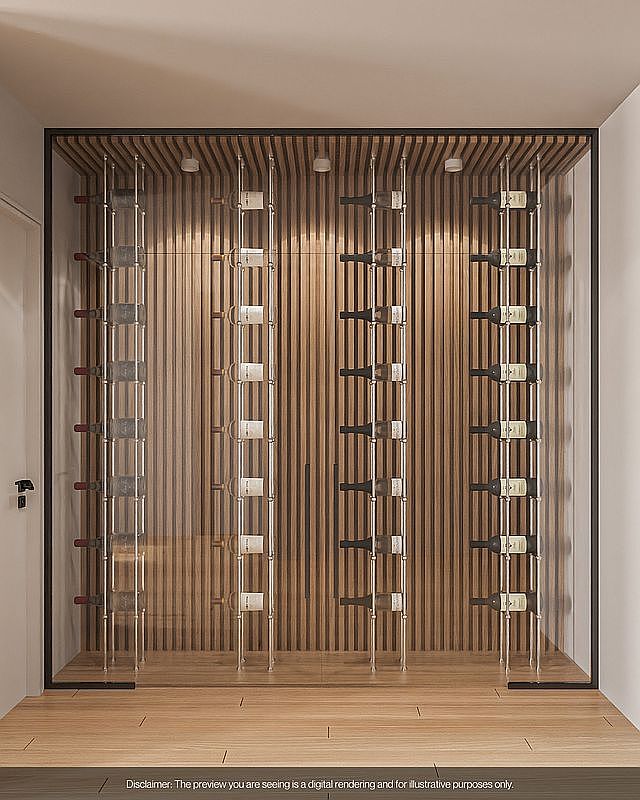 This image showcases a modern wine cellar with a sleek design. The cellar features a wooden slat backdrop, metal wine racks, and integrated lighting, creating an elegant and functional space for wine storage. The overall impression is one of sophistication and attention to detail.