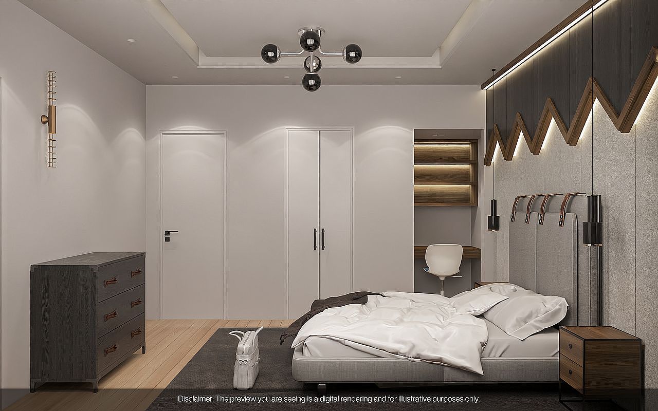 This is a modern primary bedroom featuring a neutral color palette with gray and white tones. The room includes a large bed with white linens, a dark wood dresser, and a unique headboard design with integrated lighting. The overall impression is clean, stylish, and comfortable, suggesting a relaxing and luxurious space.