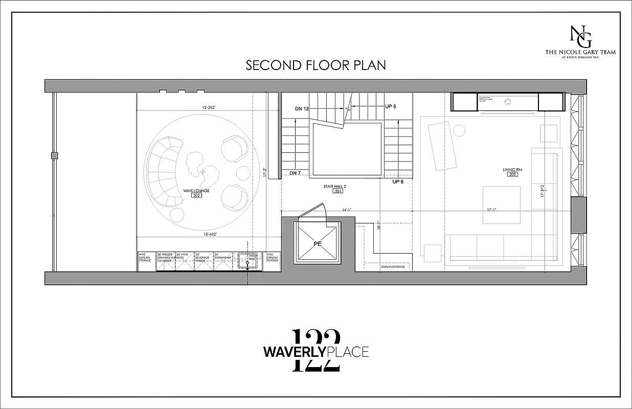 This image showcases a second-floor plan, featuring a wine lounge, stair hall, and living room. The layout includes detailed dimensions and labels for various areas, providing a comprehensive overview of the floor's design. The style is technical and architectural, suitable for real estate or construction purposes.
