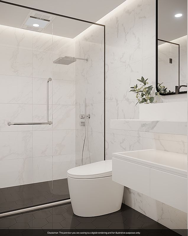This is a modern primary bathroom featuring a walk-in shower with a glass enclosure and a rainfall showerhead. The walls are covered in white marble-patterned tiles, and the floor is a dark, contrasting color. A white toilet and a floating vanity with a white countertop complete the minimalist and luxurious design.