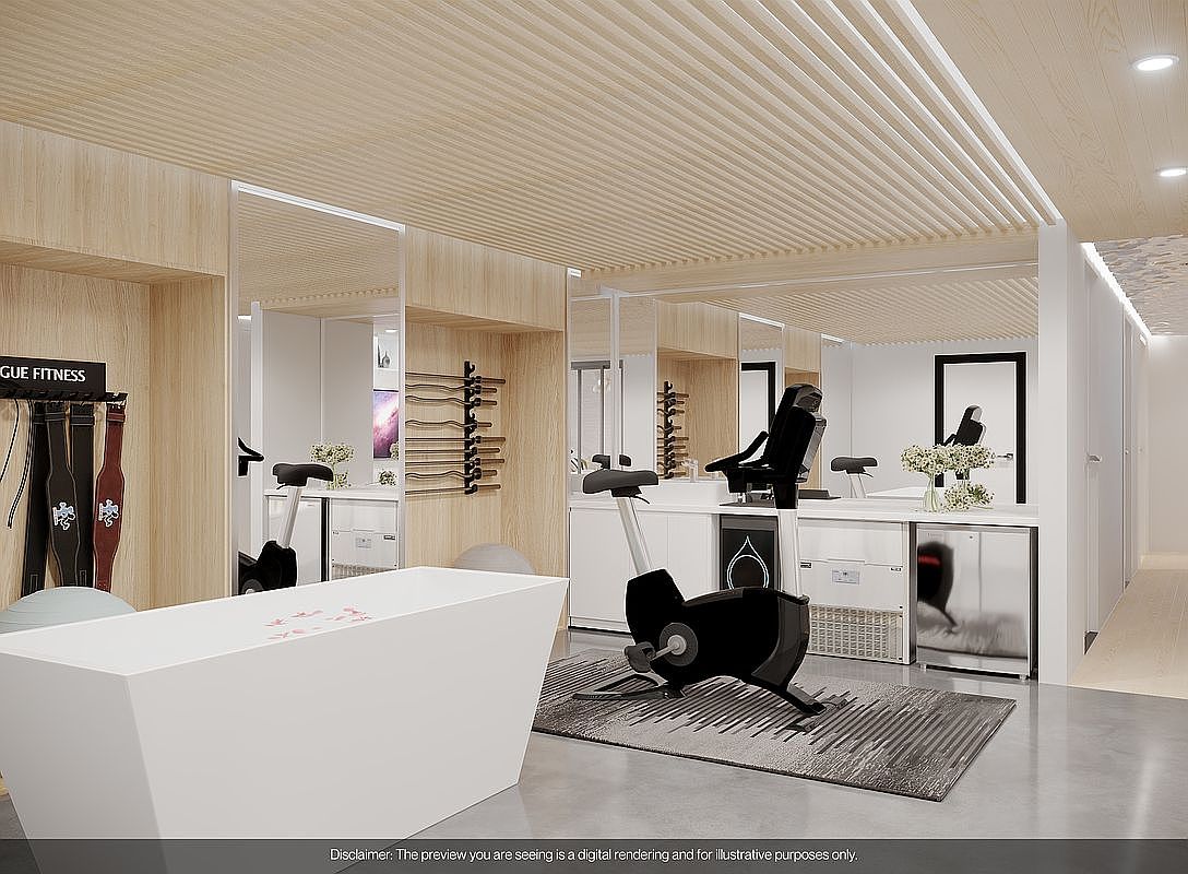 This interior shot showcases a modern home gym with a focus on wellness and fitness. The space features exercise equipment, including a stationary bike, set against a backdrop of clean white cabinetry and mirrored accents. The light wood ceiling and neutral color palette create a calming and sophisticated atmosphere, perfect for a high-end real estate listing.