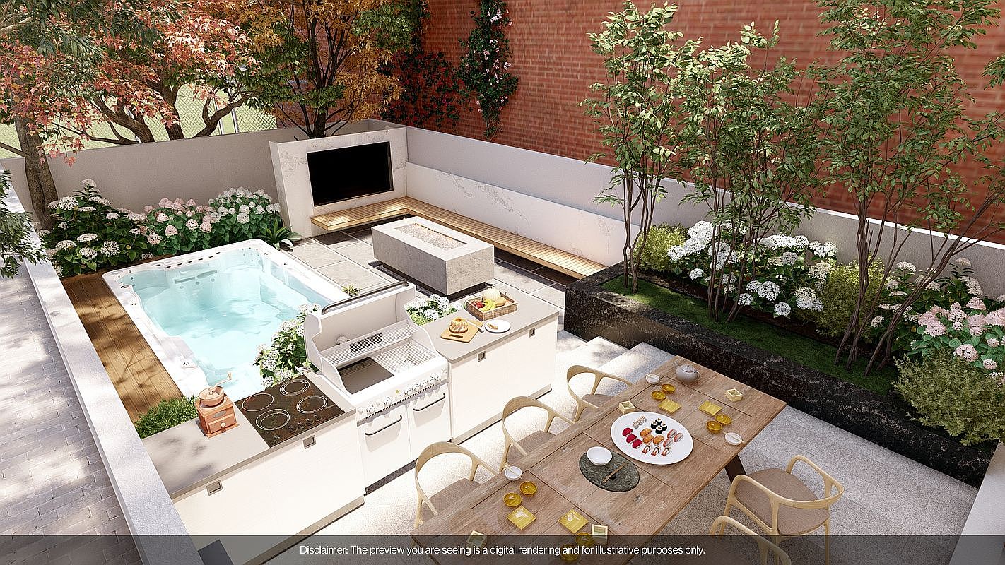 This image showcases a luxurious outdoor living space, featuring a hot tub, a built-in outdoor kitchen with a grill and cooktop, and a dining area with a wooden table and chairs. The space is surrounded by lush greenery, including trees and flowering plants, creating a private and serene atmosphere. A modern fire pit and a wall-mounted television add to the entertainment options.