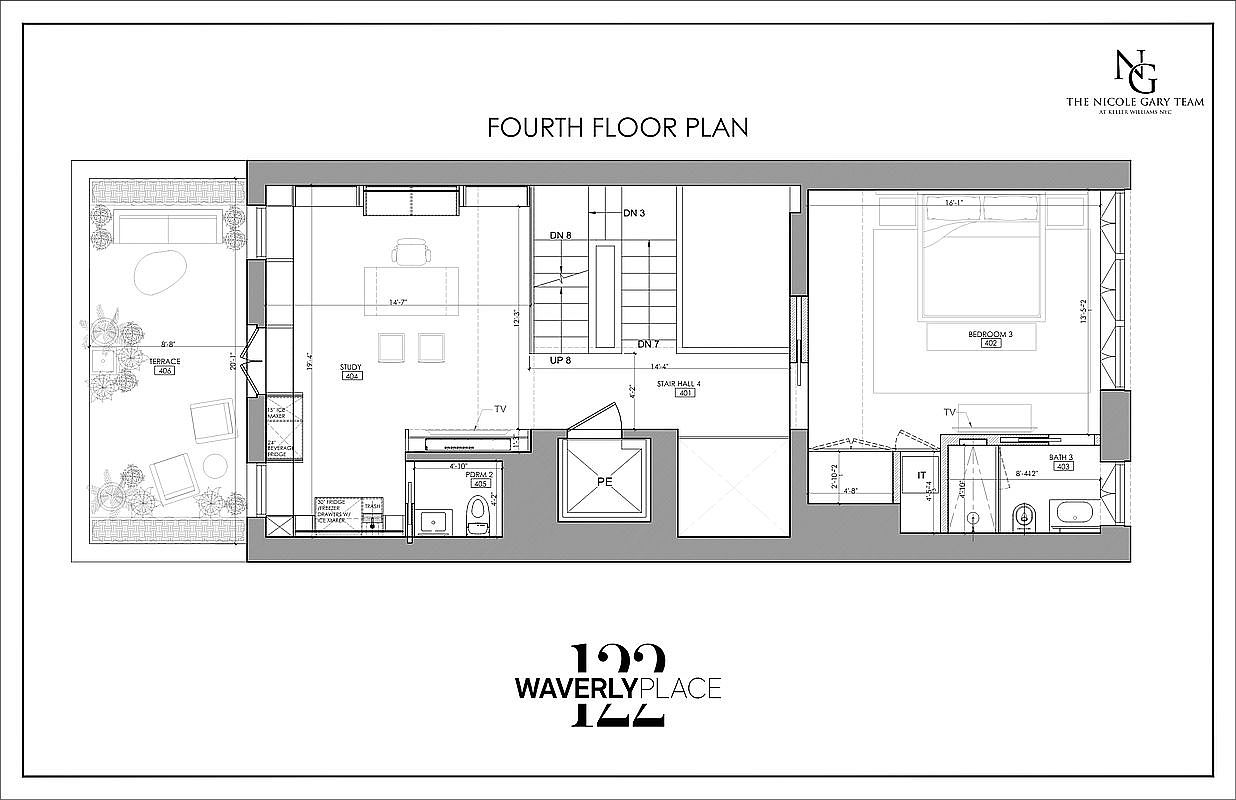 This image showcases a detailed floor plan of a fourth-floor residence. The layout includes a terrace, study, powder room, stair hall, bedroom, and bathroom, providing a comprehensive view of the living space's arrangement. The plan highlights room dimensions and spatial relationships, offering potential buyers a clear understanding of the property's structure.
