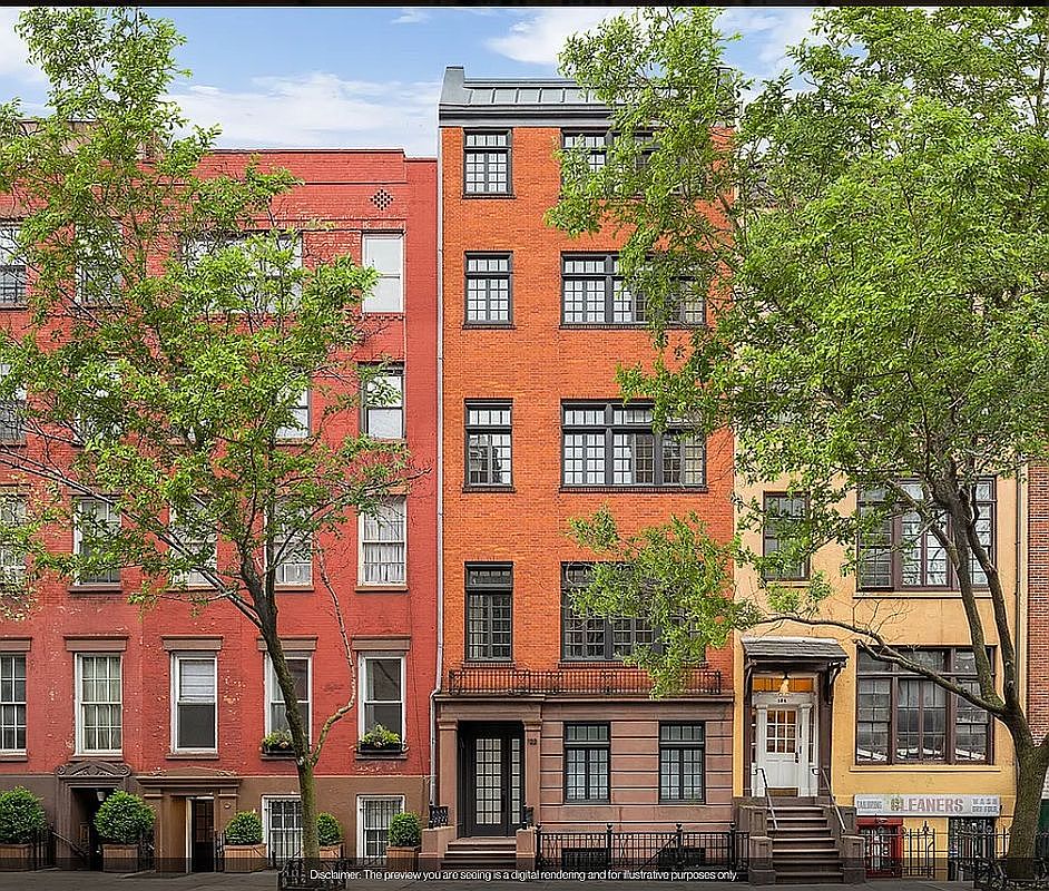 This is a front view of a row of townhouses. The buildings are made of brick and have multiple windows. Trees are planted in front of the buildings, adding a touch of greenery to the urban landscape.