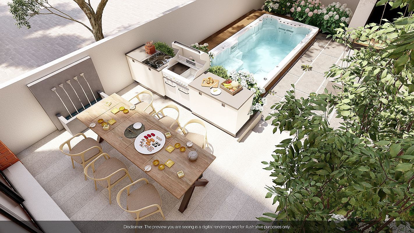 This is an aerial view of a luxurious outdoor patio and kitchen area. The space features a built-in grill and countertop, a dining table set for a meal, and a small pool or spa surrounded by lush greenery. The overall impression is one of sophisticated outdoor living and entertaining.