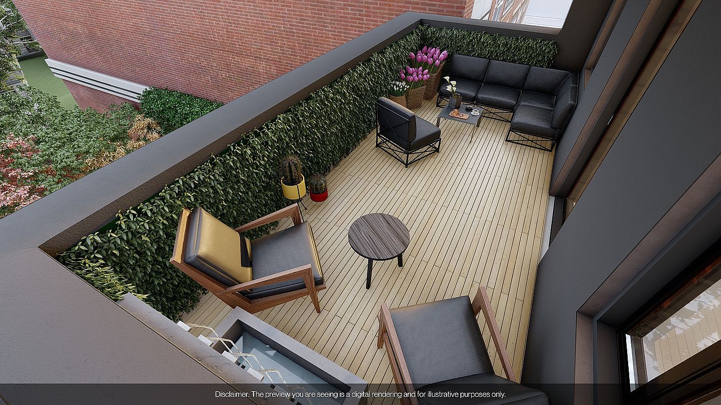 This image showcases a stylish and well-appointed balcony or rooftop patio. The space features comfortable outdoor seating, including a sectional sofa and armchairs, arranged around a coffee table and smaller side table. Lush greenery lines the perimeter, providing privacy and a touch of nature, while the wooden decking adds warmth and texture to the space.