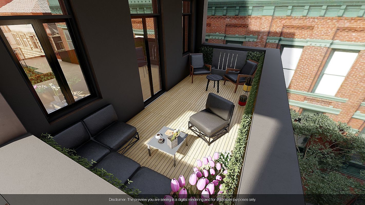 This image showcases a stylish and modern balcony area, furnished with a comfortable black sectional sofa, a sleek coffee table, and a contemporary armchair. The balcony features a wooden deck and is adorned with lush greenery and vibrant flowers, creating a relaxing outdoor living space. The view overlooks a cityscape, adding to the appeal of this urban retreat.
